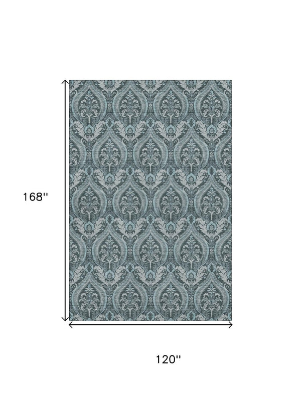 HomeRoots 10' X 14' Teal and Ivory Floral Washable Area Rug – UV Protected, Stain Resistant, Easy Care for Families 649804