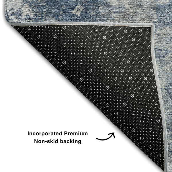 HomeRoots 8' Blue and Ivory Abstract Round Rug – Washable, UV Protected, Durable for Homes with Kids & Pets 649813