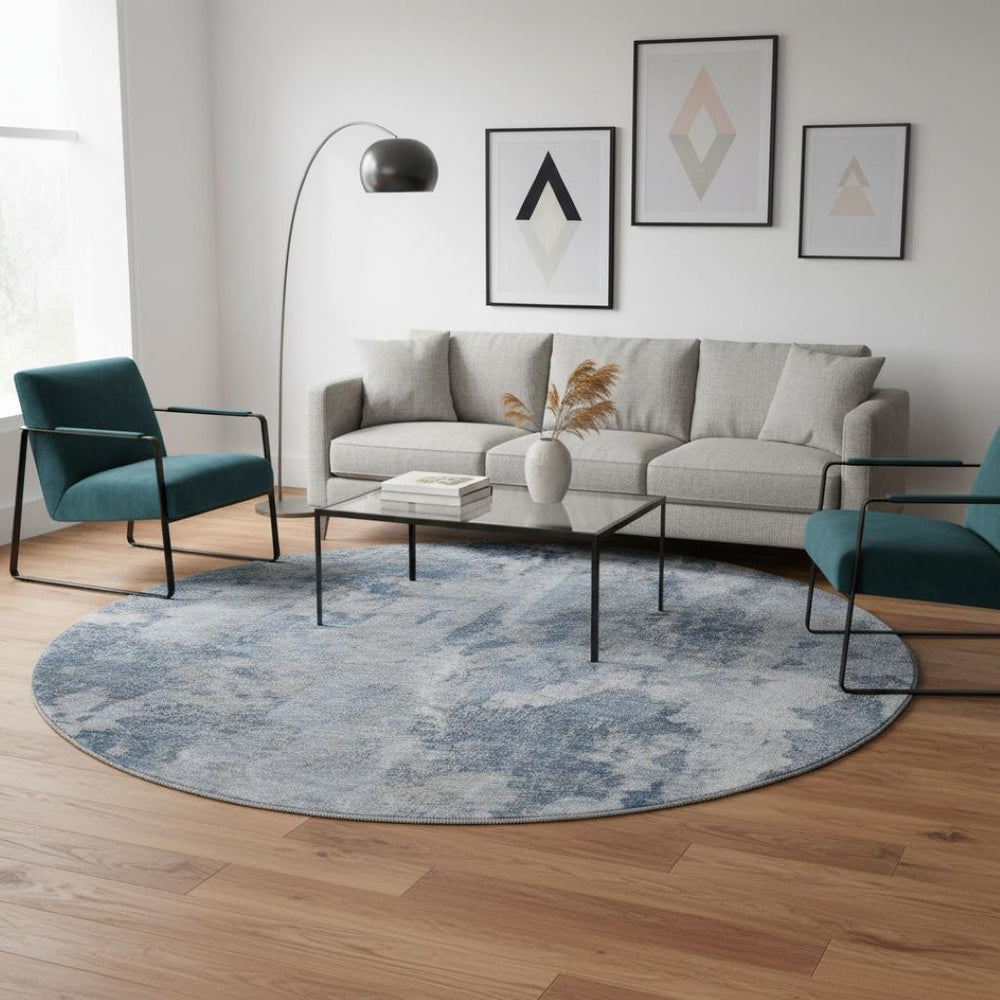 HomeRoots 8' Blue and Ivory Abstract Round Rug – Washable, UV Protected, Durable for Homes with Kids & Pets 649813