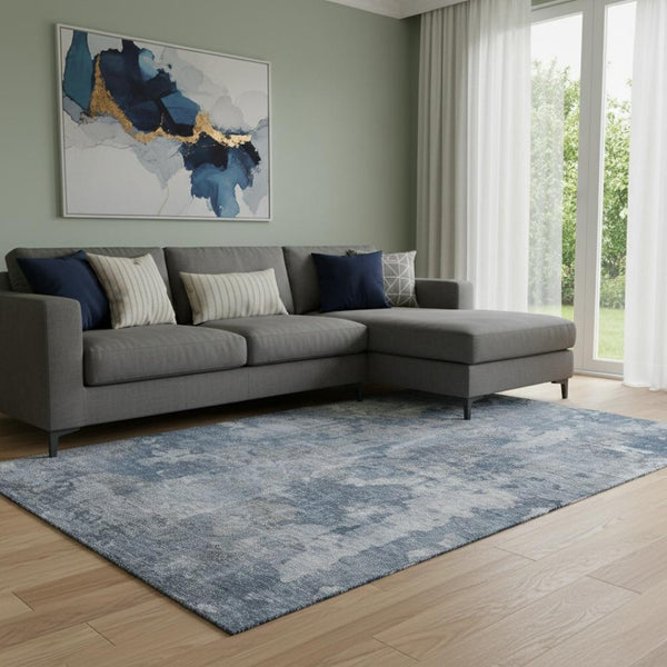 HomeRoots 8' X 10' Modern Blue and Ivory Abstract Area Rug - Washable, UV Protected, Perfect for Busy Homes! 649814