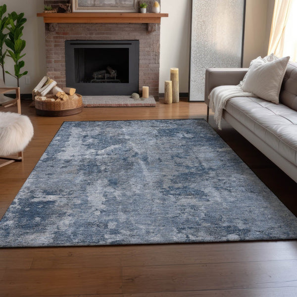 HomeRoots 8' X 10' Modern Blue and Ivory Abstract Area Rug - Washable, UV Protected, Perfect for Busy Homes! 649814