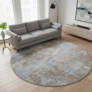 HomeRoots 8' Brown And Ivory Abstract Round Rug - Washable, UV Protected, Durable for High-Traffic Spaces 649819