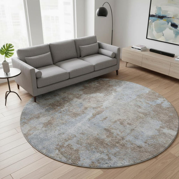 HomeRoots 8' Brown And Ivory Abstract Round Rug - Washable, UV Protected, Durable for High-Traffic Spaces 649819