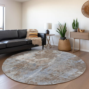 HomeRoots 8' Brown And Ivory Abstract Round Rug - Washable, UV Protected, Durable for High-Traffic Spaces 649819
