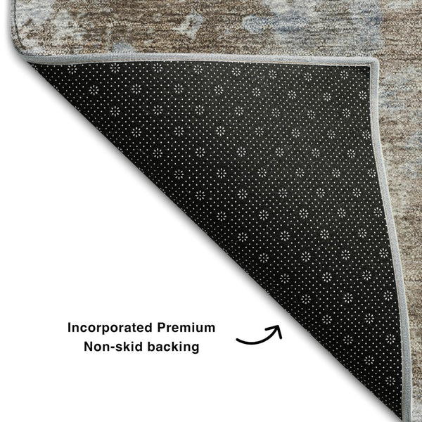 HomeRoots 8' Brown And Ivory Abstract Round Rug - Washable, UV Protected, Durable for High-Traffic Spaces 649819