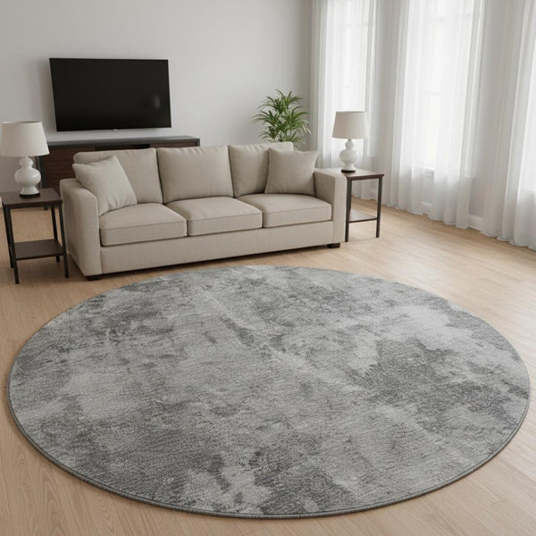 HomeRoots 8' Gray and Ivory Abstract Round Rug - Washable, UV-Protected, Modern Design for Busy Homes 649831