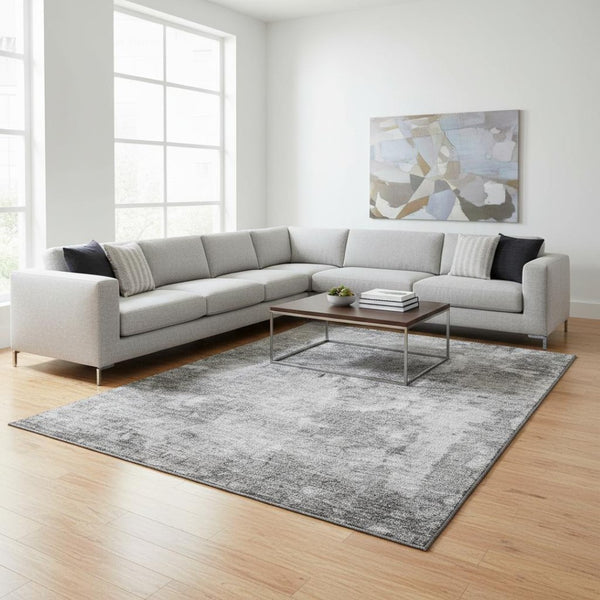 HomeRoots 9' X 12' Modern Gray and Ivory Abstract Washable Area Rug with Stain Resistance & UV Protection 649833