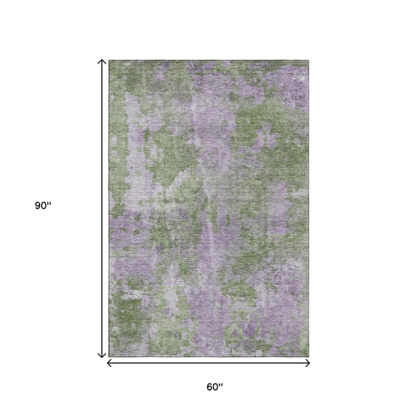 HomeRoots 5' X 8' Green And Ivory Abstract Area Rug - Durable, Washable, UV-Protected, Modern Design for Homes 649836