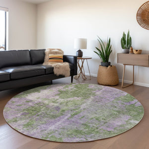 HomeRoots 8' Green And Ivory Abstract Round Rug - Washable, UV-Protected, Durable, Modern Design for All Spaces 649837