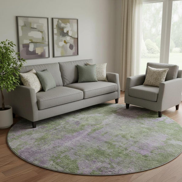 HomeRoots 8' Green And Ivory Abstract Round Rug - Washable, UV-Protected, Durable, Modern Design for All Spaces 649837