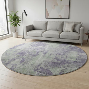 HomeRoots 8' Purple and Ivory Abstract Washable Round Rug - UV Protected, Stylish, Durable for High-Traffic Areas 649843