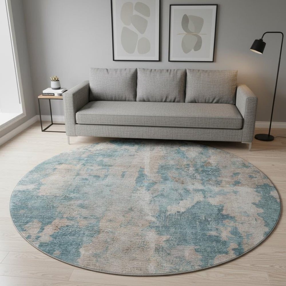 HomeRoots 8' Teal and Ivory Abstract Round Rug - Stylish, Washable, Durable Design with UV Protection and Easy Care 649849