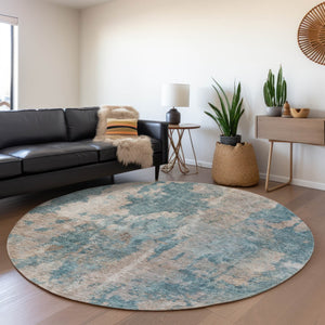 HomeRoots 8' Teal and Ivory Abstract Round Rug - Stylish, Washable, Durable Design with UV Protection and Easy Care 649849
