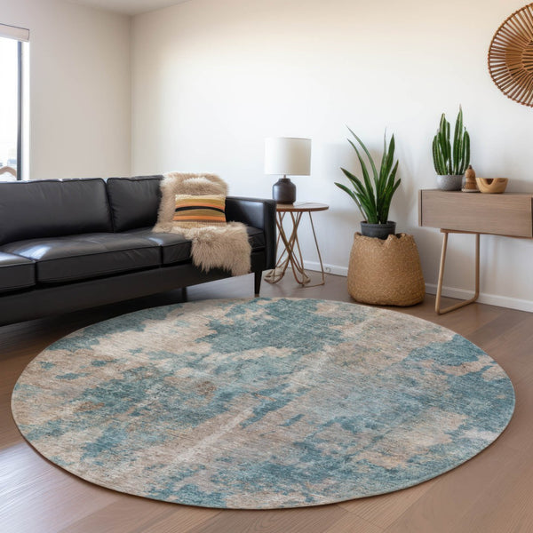 HomeRoots 8' Teal and Ivory Abstract Round Rug - Stylish, Washable, Durable Design with UV Protection and Easy Care 649849