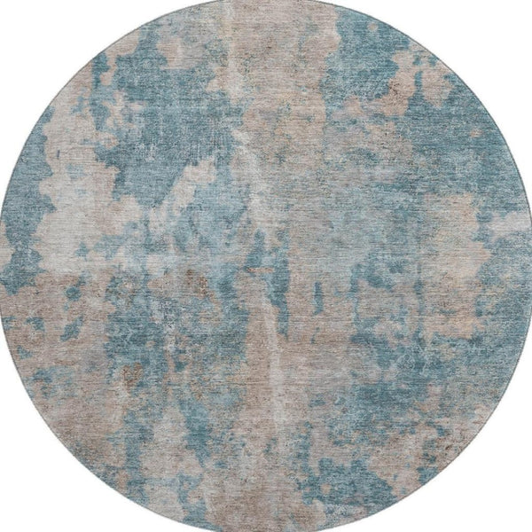 HomeRoots 8' Teal and Ivory Abstract Round Rug - Stylish, Washable, Durable Design with UV Protection and Easy Care 649849