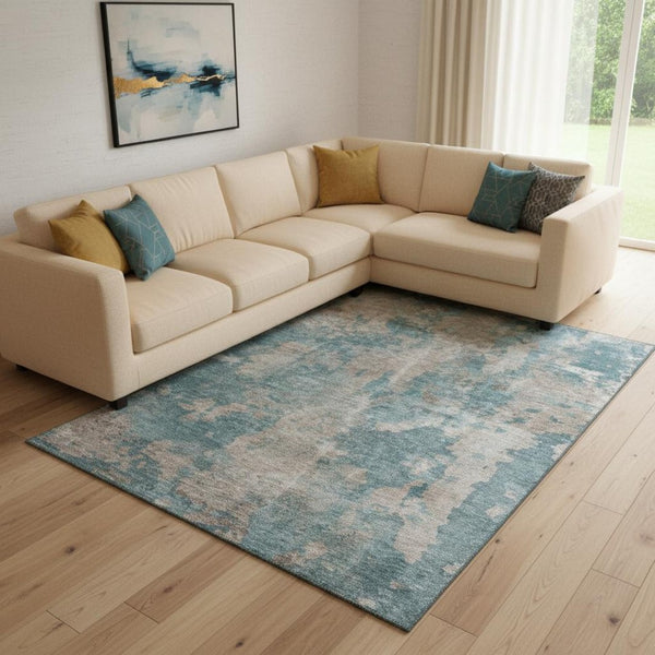 HomeRoots 8' X 10' Teal and Ivory Abstract Area Rug - Durable, Washable, UV-Protected for High-Traffic Spaces 649850