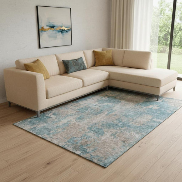 HomeRoots 9' X 12' Teal And Ivory Abstract Washable Area Rug - Stylish, Durable, UV Protected for Busy Homes 649851