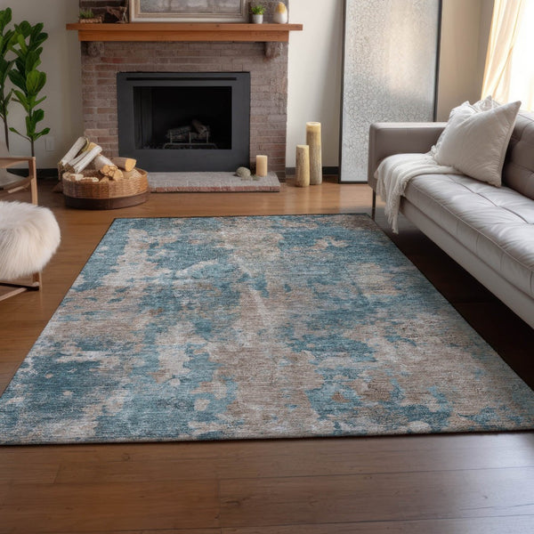 HomeRoots 9' X 12' Teal And Ivory Abstract Washable Area Rug - Stylish, Durable, UV Protected for Busy Homes 649851