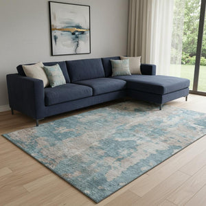 HomeRoots 10' Teal and Ivory Abstract Washable Area Rug - Modern Design with UV Protection for Homes & Pets 649852