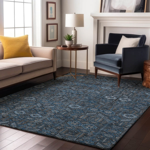 HomeRoots 5' X 8' Blue and Ivory Tribal Area Rug - Stain-Resistant, UV Protected for High-Traffic Spaces 649854