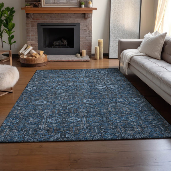 HomeRoots 5' X 8' Blue and Ivory Tribal Area Rug - Stain-Resistant, UV Protected for High-Traffic Spaces 649854