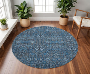HomeRoots 8' Blue and Ivory Tribal Round Rug - Washable, UV-Protected, Stylish Comfort for Every Room 649855