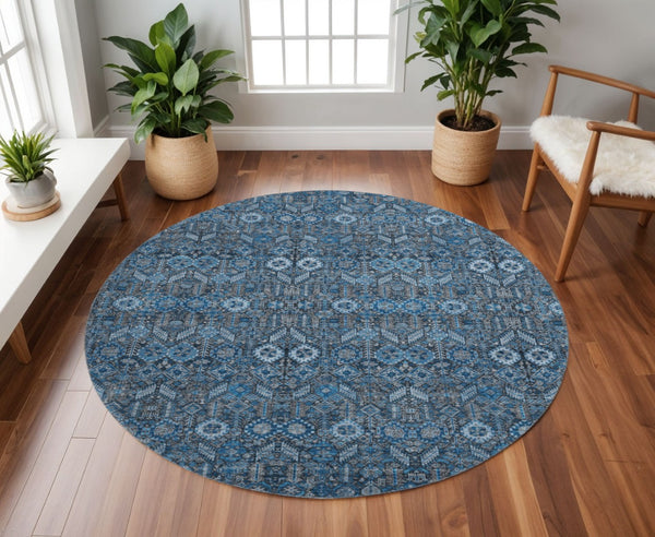 HomeRoots 8' Blue and Ivory Tribal Round Rug - Washable, UV-Protected, Stylish Comfort for Every Room 649855