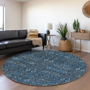 HomeRoots 8' Blue and Ivory Tribal Round Rug - Washable, UV-Protected, Stylish Comfort for Every Room 649855