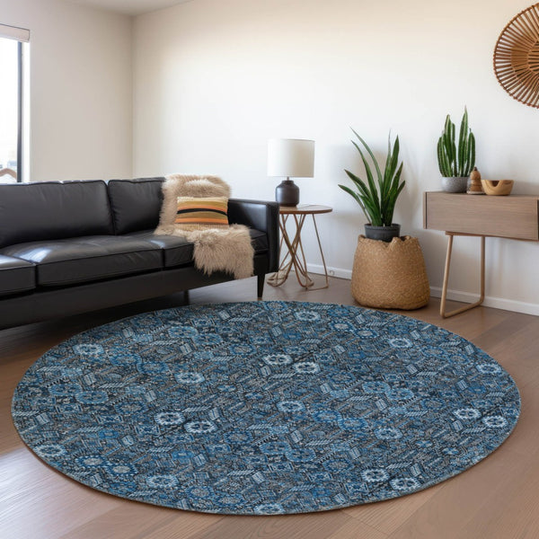 HomeRoots 8' Blue and Ivory Tribal Round Rug - Washable, UV-Protected, Stylish Comfort for Every Room 649855