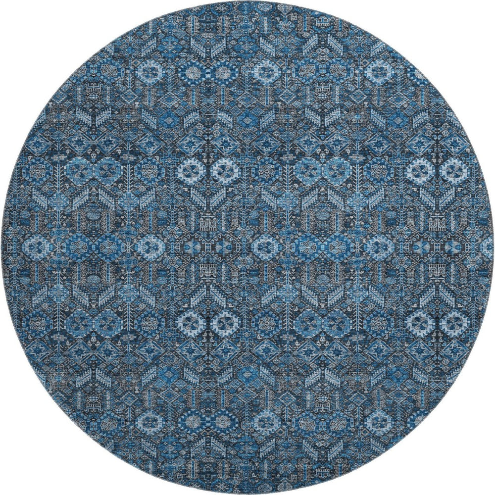HomeRoots 8' Blue and Ivory Tribal Round Rug - Washable, UV-Protected, Stylish Comfort for Every Room 649855