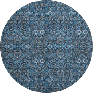 HomeRoots 8' Blue and Ivory Tribal Round Rug - Washable, UV-Protected, Stylish Comfort for Every Room 649855