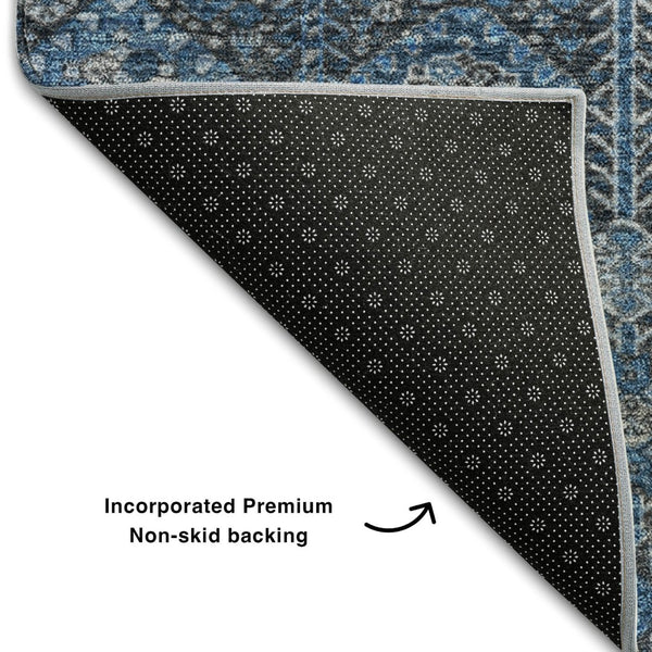 HomeRoots 8' Blue and Ivory Tribal Round Rug - Washable, UV-Protected, Stylish Comfort for Every Room 649855