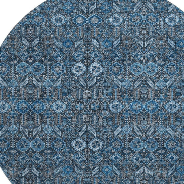 HomeRoots 8' Blue and Ivory Tribal Round Rug - Washable, UV-Protected, Stylish Comfort for Every Room 649855