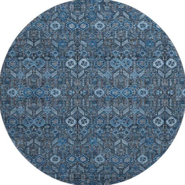 HomeRoots 8' Blue and Ivory Tribal Round Rug - Washable, UV-Protected, Stylish Comfort for Every Room 649855