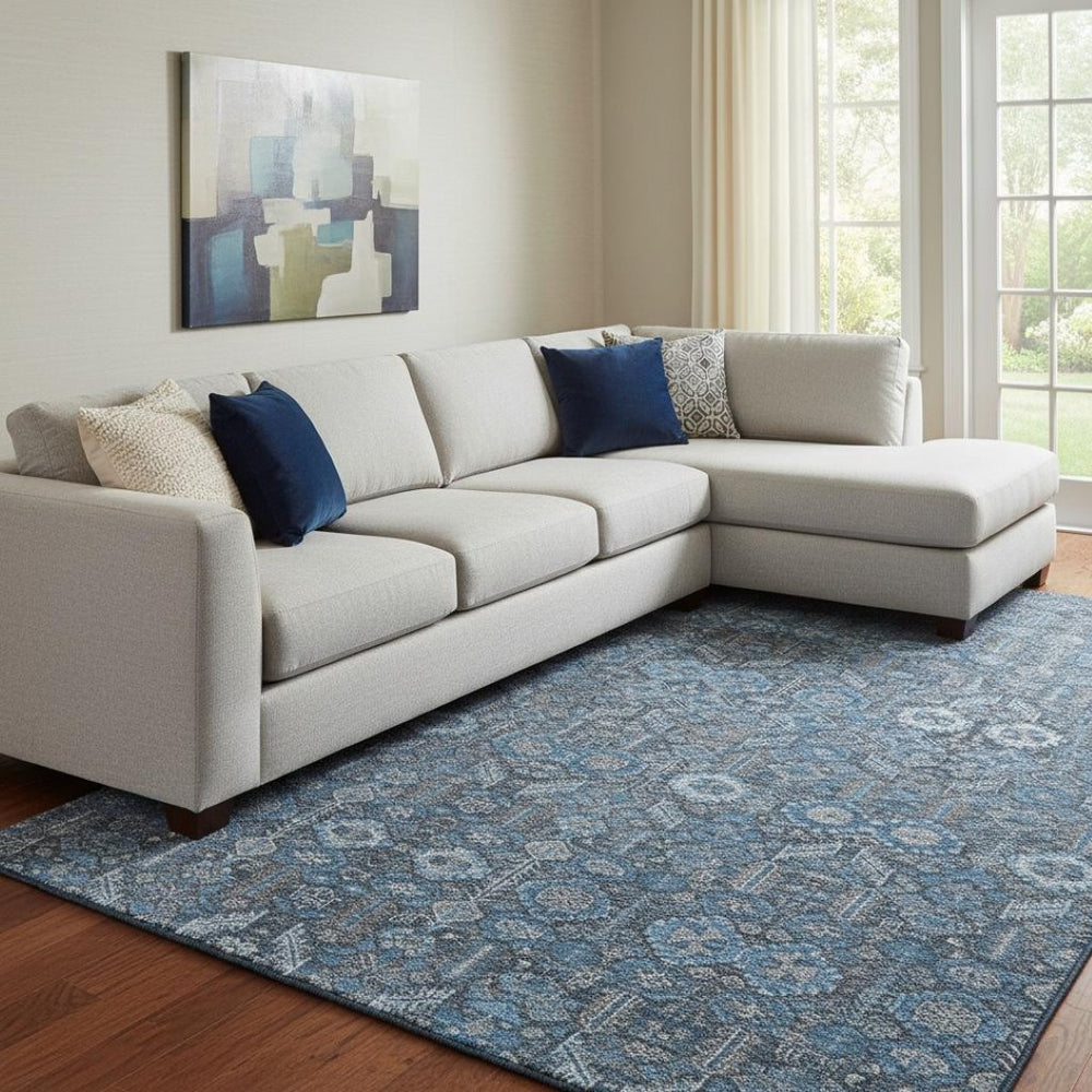 HomeRoots 8' X 10' Blue and Ivory Tribal Area Rug - Durable, Washable, UV Protected for Family-Friendly Spaces 649856