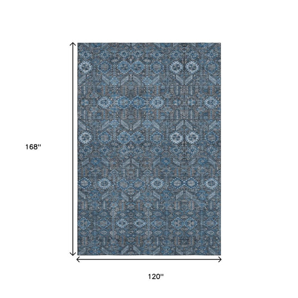 HomeRoots 10' X 14' Blue and Ivory Tribal Area Rug – Washable, UV Protected, Soft, Stylish for Busy Homes 649858