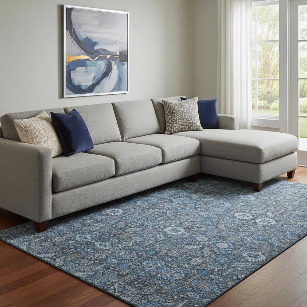 HomeRoots 10' X 14' Blue and Ivory Tribal Area Rug – Washable, UV Protected, Soft, Stylish for Busy Homes 649858