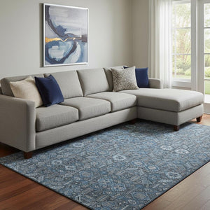 HomeRoots 10' X 14' Blue and Ivory Tribal Area Rug – Washable, UV Protected, Soft, Stylish for Busy Homes 649858