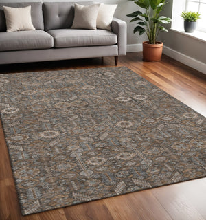 HomeRoots 5' Chocolate and Gray Tribal Washable Area Rug - Durable, UV-Protected, Stain-Resistant Design! 649860