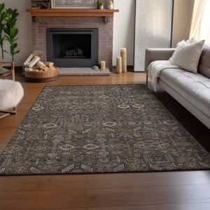 HomeRoots 5' Chocolate and Gray Tribal Washable Area Rug - Durable, UV-Protected, Stain-Resistant Design! 649860