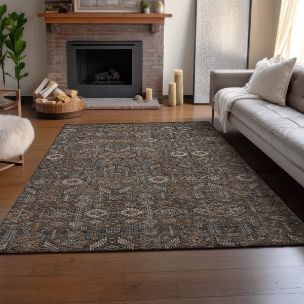 HomeRoots 5' Chocolate and Gray Tribal Washable Area Rug - Durable, UV-Protected, Stain-Resistant Design! 649860