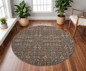 HomeRoots 8' Chocolate and Gray Tribal Round Rug - Durable, Washable, UV Protected, Perfect for High-Traffic Areas 649861