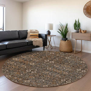 HomeRoots 8' Chocolate and Gray Tribal Round Rug - Durable, Washable, UV Protected, Perfect for High-Traffic Areas 649861