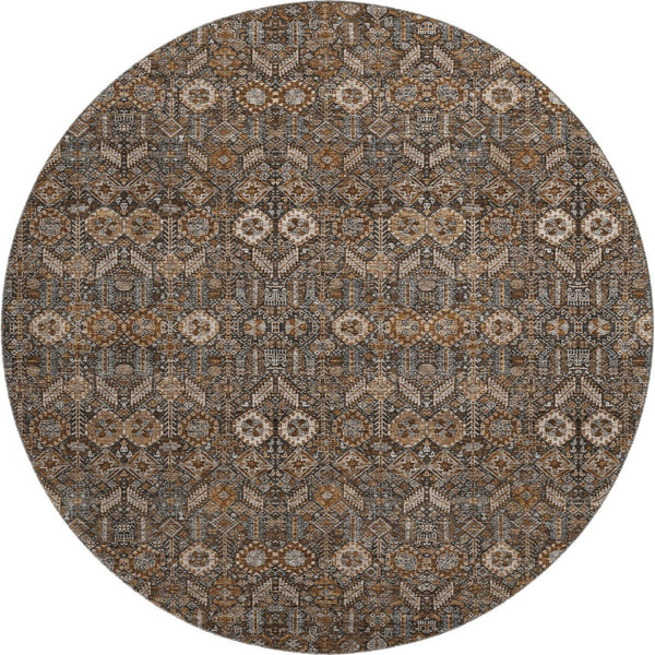 HomeRoots 8' Chocolate and Gray Tribal Round Rug - Durable, Washable, UV Protected, Perfect for High-Traffic Areas 649861