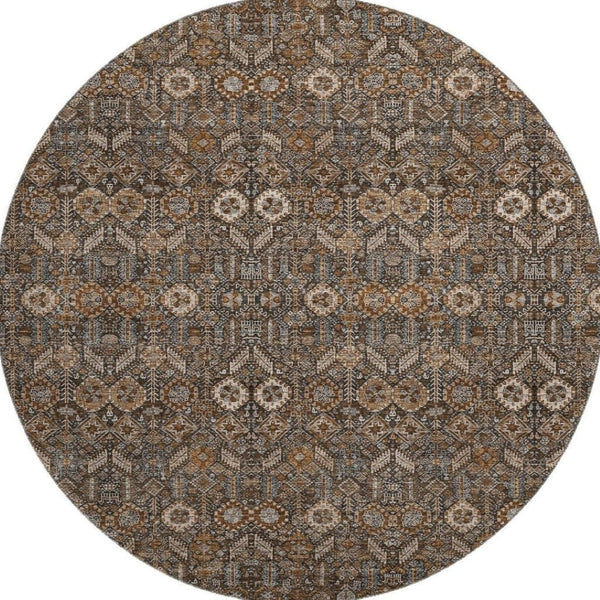 HomeRoots 8' Chocolate and Gray Tribal Round Rug - Durable, Washable, UV Protected, Perfect for High-Traffic Areas 649861