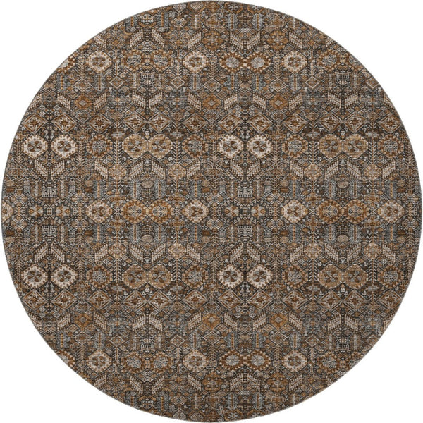 HomeRoots 8' Chocolate and Gray Tribal Round Rug - Durable, Washable, UV Protected, Perfect for High-Traffic Areas 649861