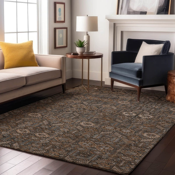 HomeRoots 10' Chocolate and Gray Tribal Area Rug – Washable, UV-Protected, Stain-Resistant, Non-Slip Design! 649864