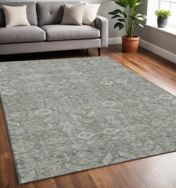 HomeRoots 5' X 8' Gray Tribal Area Rug - Washable, UV-Protected, Stain-Resistant for Modern & Boho Decor 649866