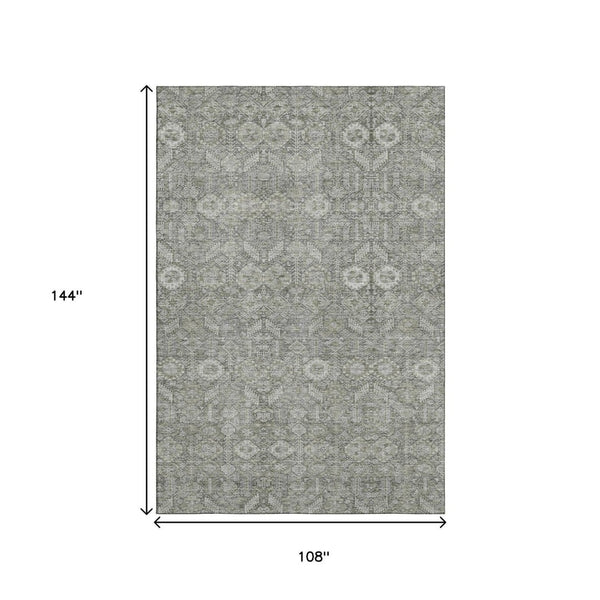 HomeRoots 9' X 12' Gray and Ivory Tribal Area Rug - Washable, UV Protected, Stain Resistant for Busy Homes 649869