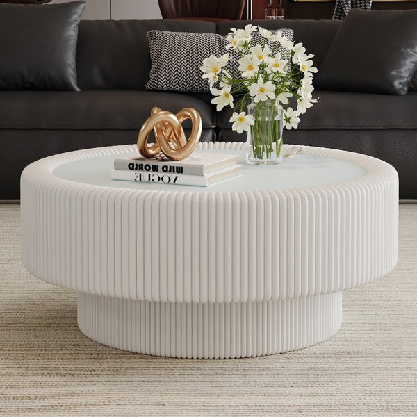 English Elm 31.5" Fluted Leather Round Coffee Table Tempered Glass Lift Top Hidden Storage Modern White W3158P450848